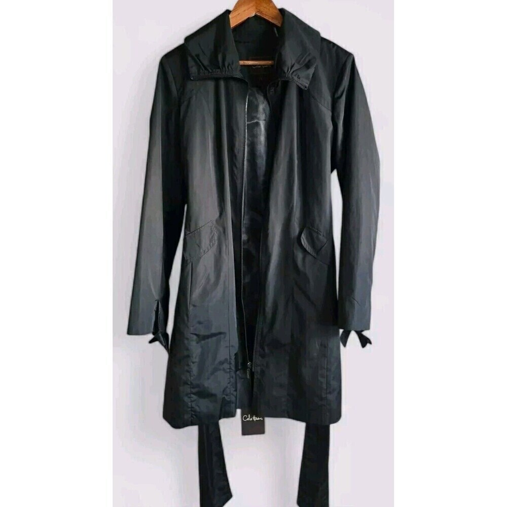 Cole Haan Trench Raincoat Womens L Black Belted Bow  Sleeves Packable Capsule